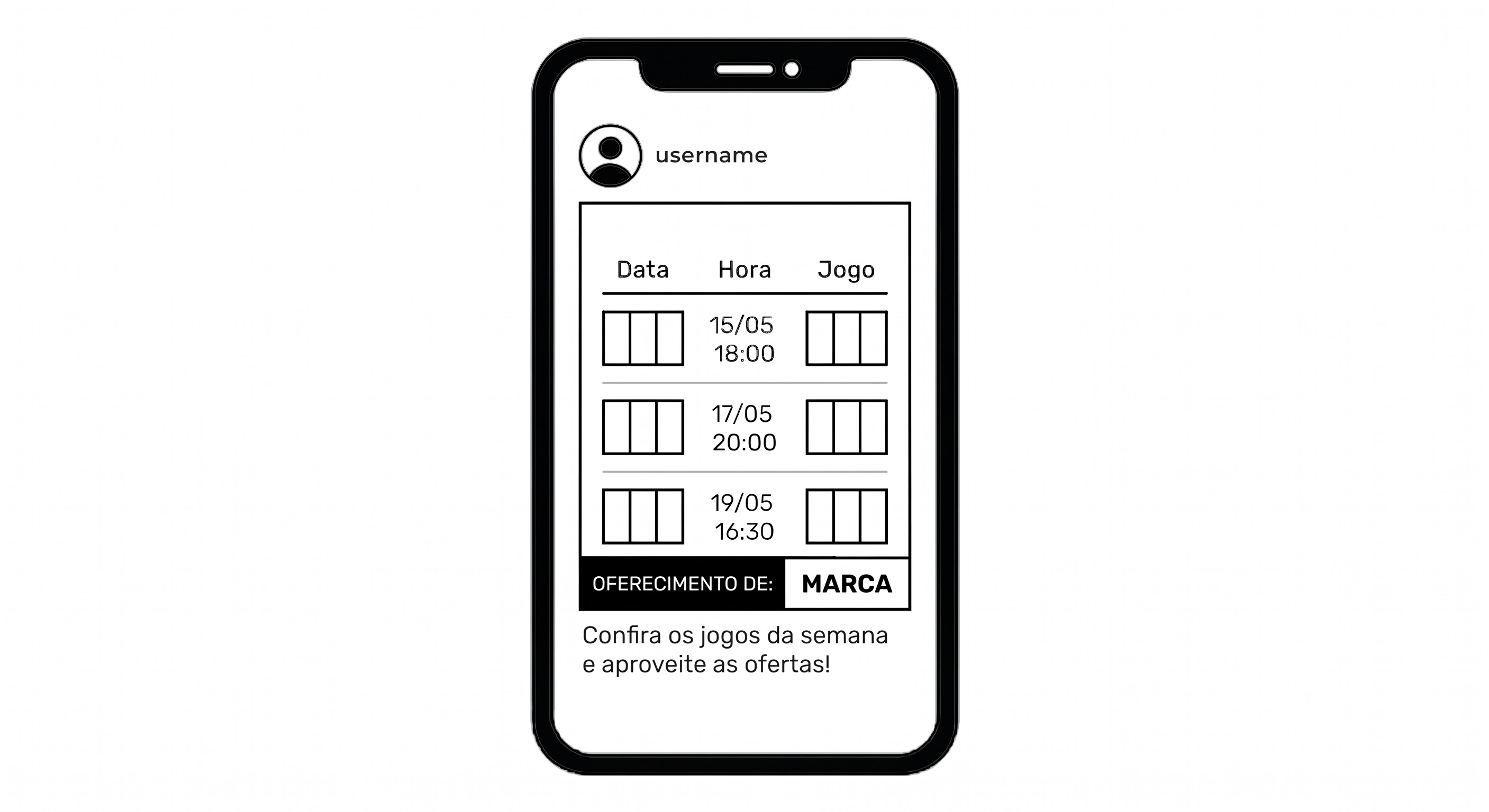 Mockup: tabela de jogos com 'Oferecimento de Marca'